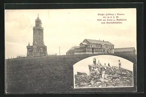 AK Feldberg i. Taunus /Kr. Usingen, Blick auf Turm u. Gasthäuser vom Brunhildisfelsen