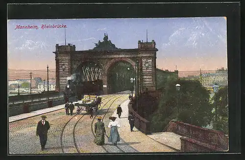 AK Mannheim, Rosengarten Rheinbrücke mit Pferdewagen