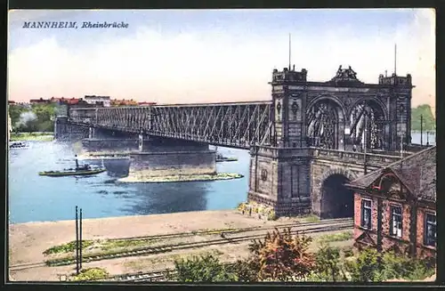 AK Mannheim, Rheinbrücke mit Dampfboot