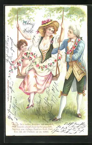 Lithographie Mädchen mit kleinem Amor auf der Schaukel