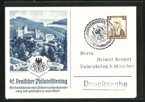 AK Lauenstein, 42. Deutscher Philatelistentag 6.6.-7.6. 1936, Blick auf Burg Lauenstein