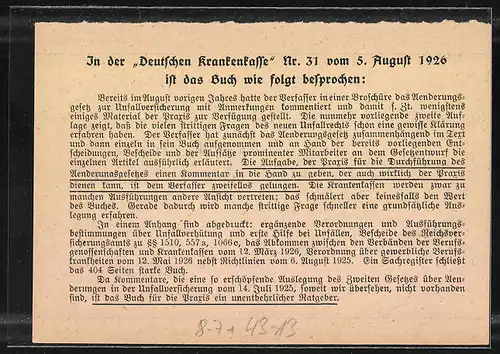AK Reklame für das Buch Zweites Gesetz über Änderungen in der Unfallversicherung von 1925, Auto Gustav Roewer