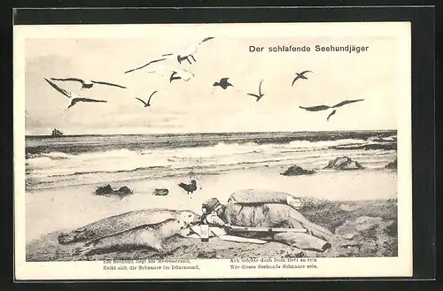 AK Der schlafende Seehundjäger am Strand