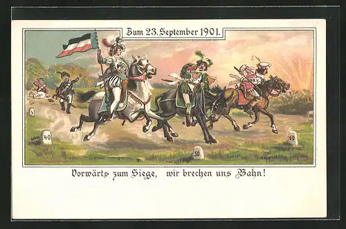 AK Vorwärts zum Siege..., Reiter mit Fahne, Handel 1901