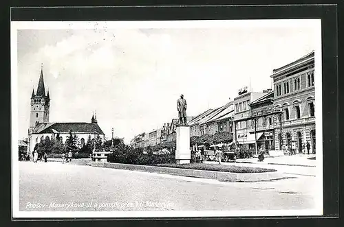 AK Presov, Masaryková ul. a pomnik pres. T. G. Masaryka