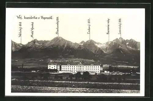 AK Poprad, Voj. Kasárna, Kaserne und Bergpanorama