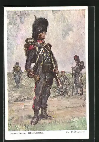 Künstler-AK Armee Belge, Grenadier in Uniform mit Ausrüstung im Feld
