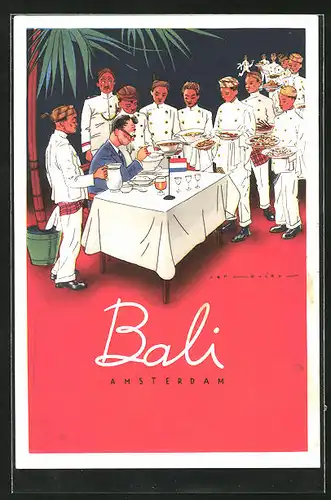 Künstler-AK Amsterdam, Niederländer im Indisch Restaurant Bali, Leidsestraat 95