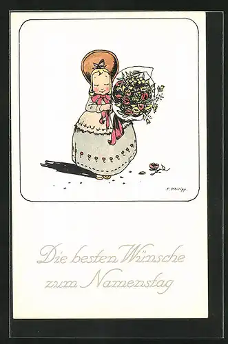 Künstler-AK sign. F. Philipp: Mädchen gratuliert mit grossem Blumenstrauss zum Namenstag