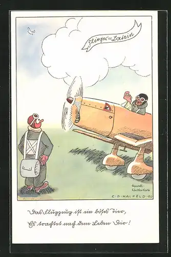 Künstler-AK Flieger-Humor, Pilot mit qualmendem Flugzeugmotor beim Start