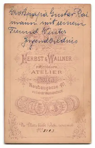 Fotografie Herbst & Wallner, Wien, Neubaugasse 40, Portrait Gustav Raimann und Josef Winter mit Melone und Hut