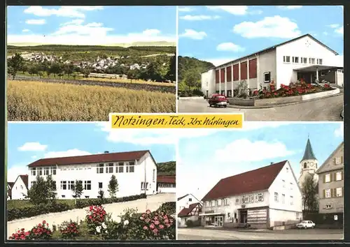 AK Notzingen /Teck, Gemischtwarenmarkt, Schule, Ortsansicht