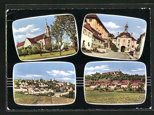AK Oberelchingen, Strassenpartie mit Tor, Kirche, Ortsansicht