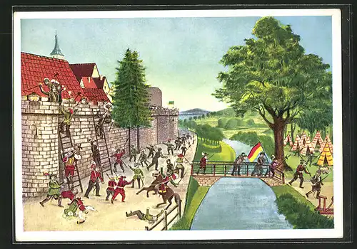 Künstler-AK Crailsheim, Belagerung der Stadt anno 1380 durch die Städte Hall, Dinkelsbühl und Rothenburg