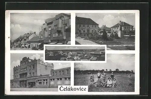 AK Tschelakowitz, Hotel Grado, Hotel Filip, Strassenpartie mit Geschäften