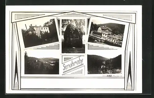 AK Senohraby, Hotel Hrusov, Gebäudeansicht, Gedenkstein