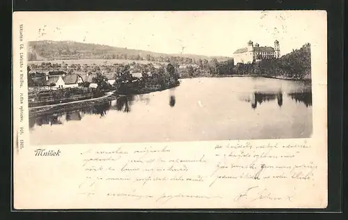 AK Mnisek, Blick vom Fluss auf das Schloss