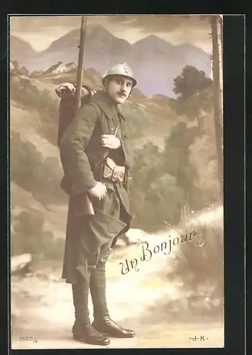 AK Un Bounjour, Franz. Infanterist mit vollem Marschgepäck