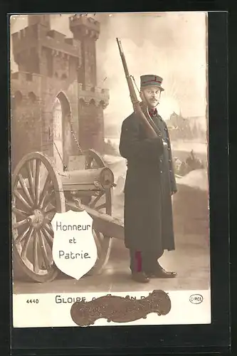 AK Honneur et Patrie, Franz. Artillerie-Geschütz mit Kanonier