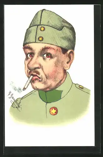 Künstler-AK Schweizer Soldat mit Zigarette im Mund