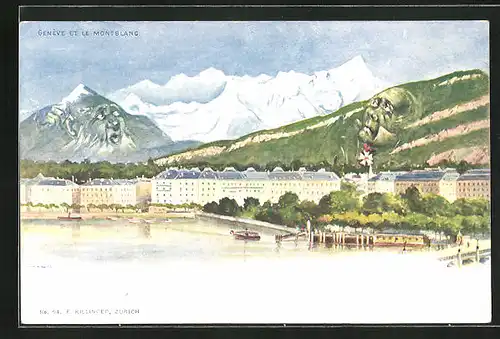 Lithographie Killinger Nr. 94, Genève et le Montblanc, Berge mit Gesicht / Berggesichter