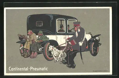 AK Soldat mit Hund am Auto mit Pennern, Reklame für Continental-Pneumatic