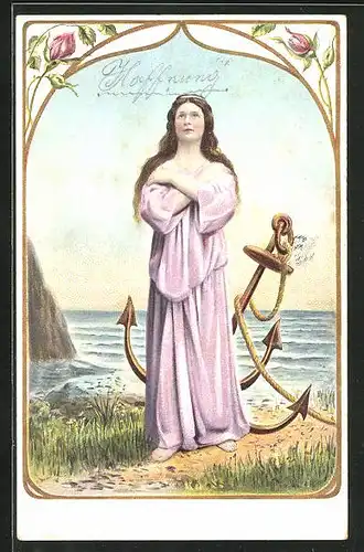AK Allegorie, Frau im lila Kleid mit Anker als Hoffnung