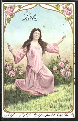 AK Allegorie, Frau im rosa Kleid als Liebe auf einer Wiese