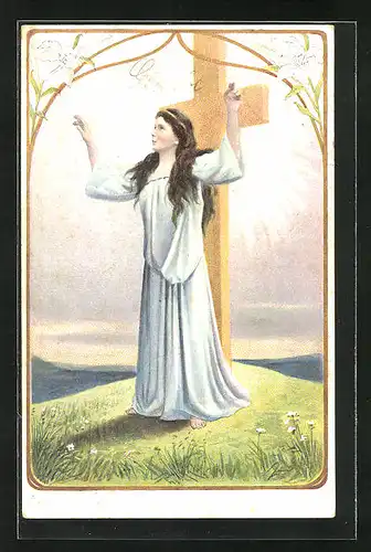 AK Allegorie, Frau im blauen Kleid steht vor einem Kreuz, Glaube