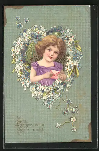 AK Mädchen mit einem Brief im Blumenbild, Vergissmeinnicht