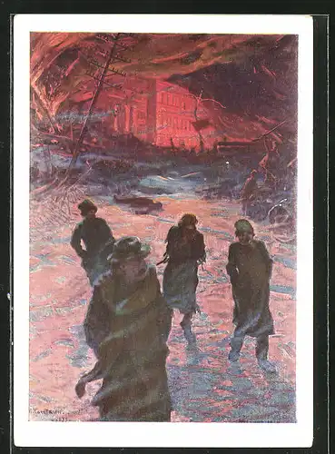 Künstler-AK Russische Revolution 1905, Stadt in Flammen