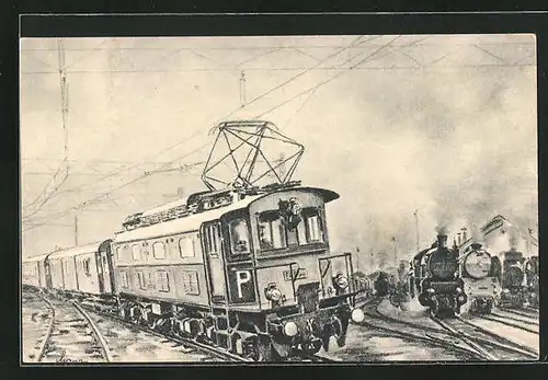 Künstler-AK Eisenbahn Tschechien, Personenzug mit E-Lokomotive 1500 V