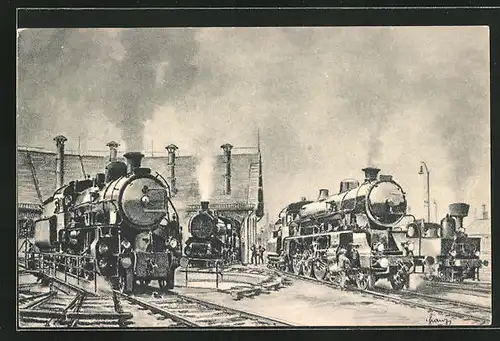 Künstler-AK Eisenbahn-Tschechien, Dampflok Lokomotive Nr. 3650, Lokschuppen mit Drehscheibe