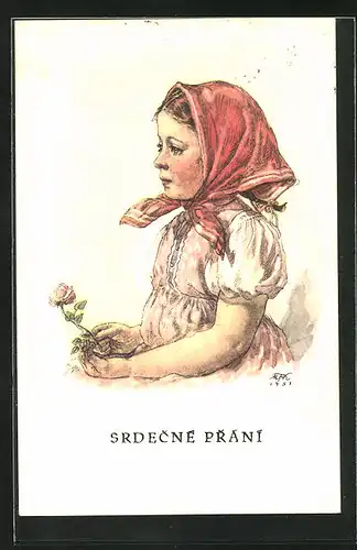 Künstler-AK M. Fischerova-Kvechova (MFK): Mädchen mit rotem Kopftuch und Rose in Händen