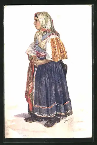 Künstler-AK slowakische Frau in Tracht mit Kopftuch