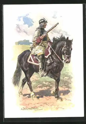 Künstler-AK Anton Hoffmann - München: Hist. Uniformen des bayer. 2. Chevauleger-Reg. Taxis, Cuirassier des Reg. Weickel