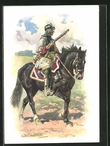 Künstler-AK Anton Hoffmann - München: Hist. Uniformen des bayer. 2. Chevauleger-Reg. Taxis, Cuirassier des Reg. Weickel