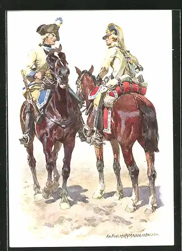 Künstler-AK Anton Hoffmann - München: Hist. Uniformen des bayer. 2. Chevauleger-Reg. Taxis, Cuirassier und Dragoner