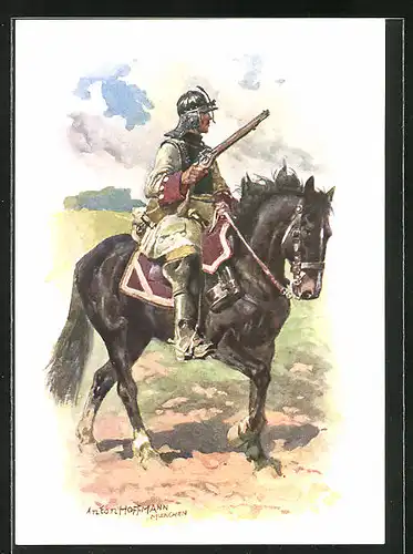 Künstler-AK Anton Hoffmann - München: Hist. Uniformen des bayer. 2. Chevauleger-Reg. Taxis, Cuirassier 1691-1706