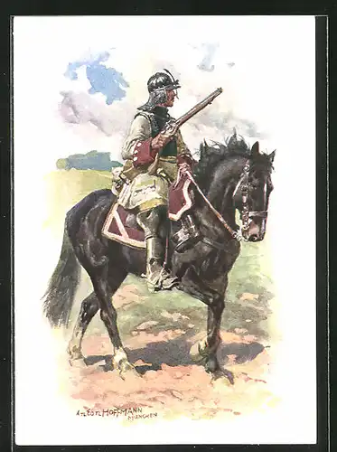 Künstler-AK Anton Hoffmann - München: Hist. Uniformen des bayer. 2. Chevauleger-Reg. Taxis, Cuirassier Reg. Weickel 1691