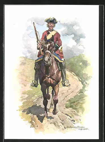 Künstler-AK Anton Hoffmann - München: Hist. Uniformen des bayer. 2. Chevauleger-Reg. Taxis, Dragoner 1742-1747