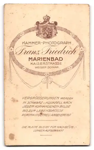 Fotografie Franz Friedrich, Marienbad, Kaiserstrasse, Portrait bürgerliche Dame in hübscher Kleidung