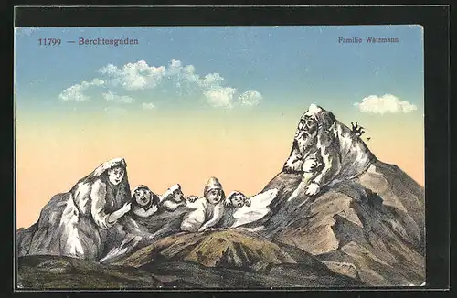 AK Berchtesgaden, Familie Watzmann im Abendlicht, Berg mit Gesicht / Berggesichter
