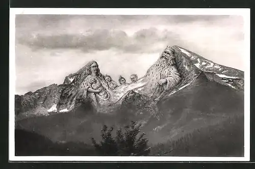 AK Berchtesgaden, Familie Watzmann, Berg mit Gesicht / Berggesichter, rückseitig Watzmann-Sage