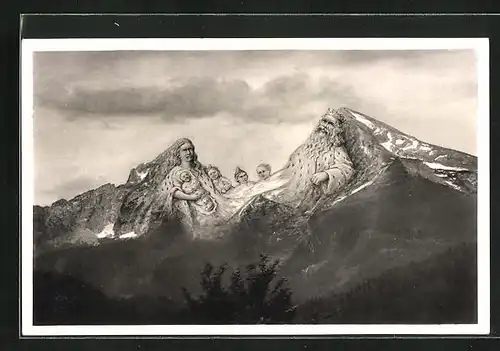 AK Berchtesgaden, Familie Watzmann, Berg mit Gesicht / Berggesichter, rückseitig Watzmann-Sage