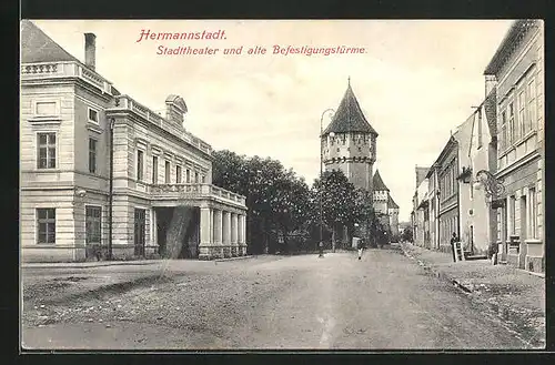 AK Hermannstadt, Stadttheater und alte Befestigungstürme