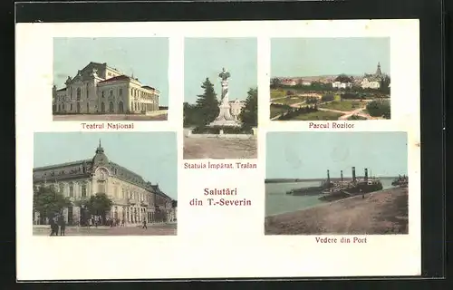 AK T.-Severin, Teatrul National, Vedere din Port, Parcul Rozilor