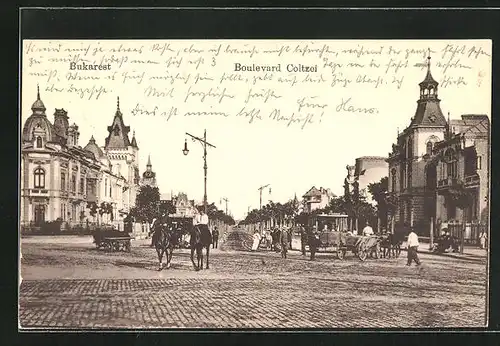 AK Bukarest, Boulevard Coltzei mit Strassenbahn