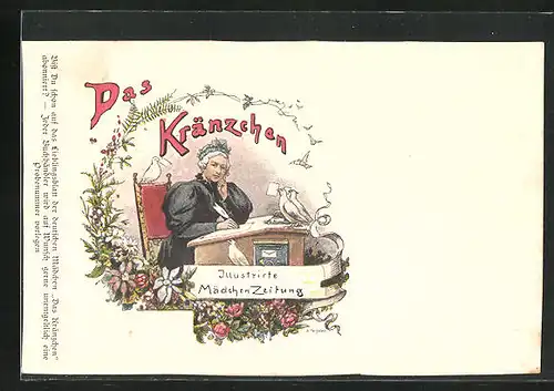 AK Das Kränzchen, Illustrierte Mädchenzeitung, Dame von Brieftauben umgeben schreibt Brief