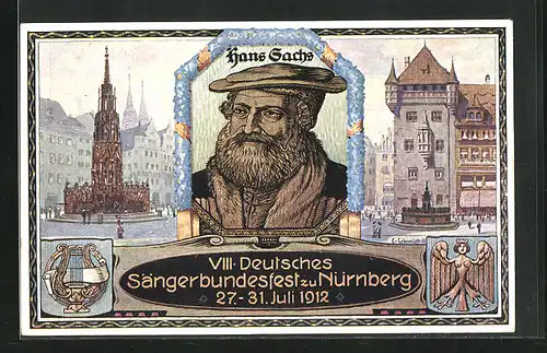 Ganzsache Nürnberg, VIII. Deutsches Sängerbundesfest 1912, Portrait Hans Sachs, Stadtansichten